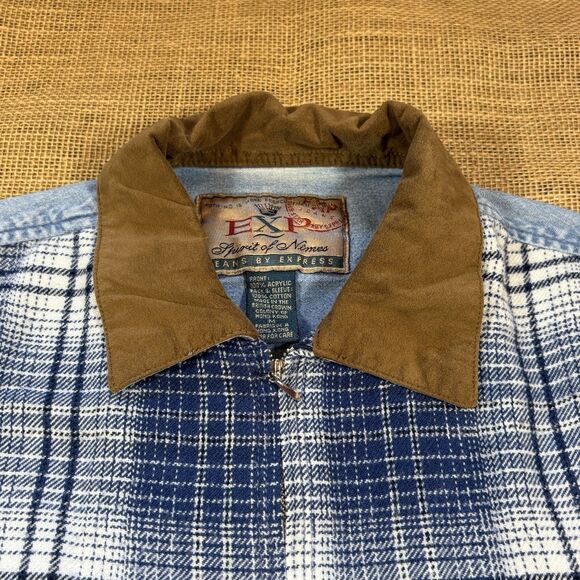 Vintage EXP (Jeans by Express) Woman's Full Zip Denim Plaid Front Shirt Size M - Picture 2 of 7
